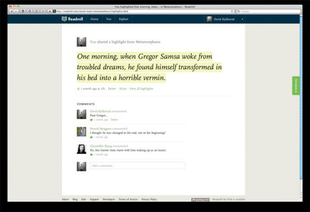 Screenshot of a Readmill highlight page