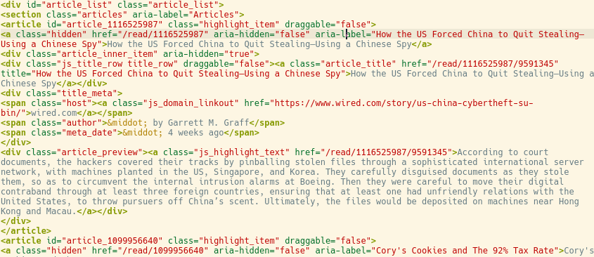 Snippet of the Instapaper page source, in HTML