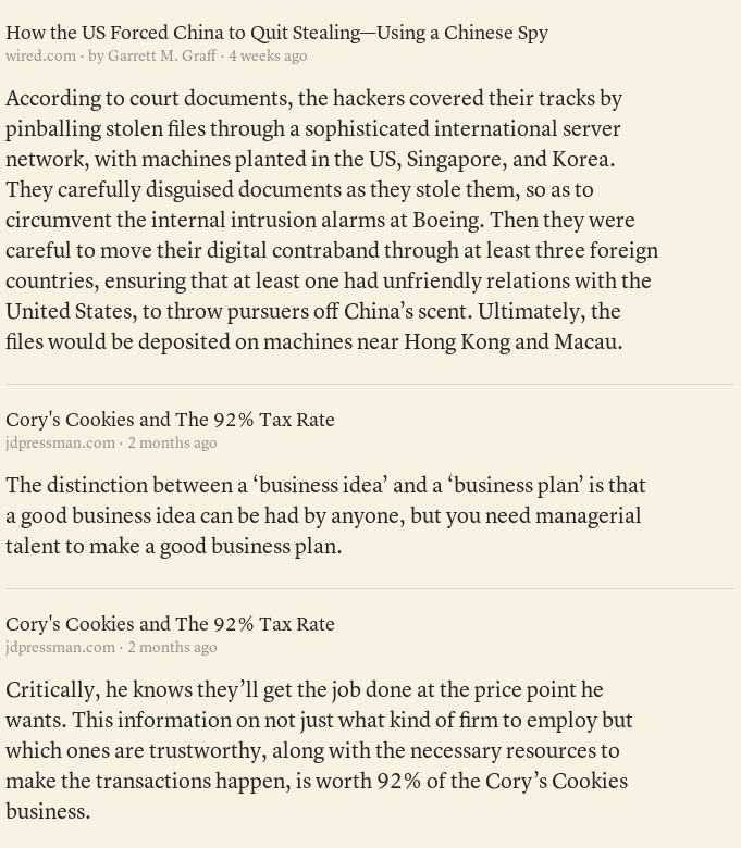 Screenshot of my Instapaper notes page