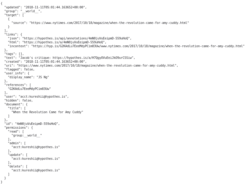 Data from the Hypothes.is API, JSON