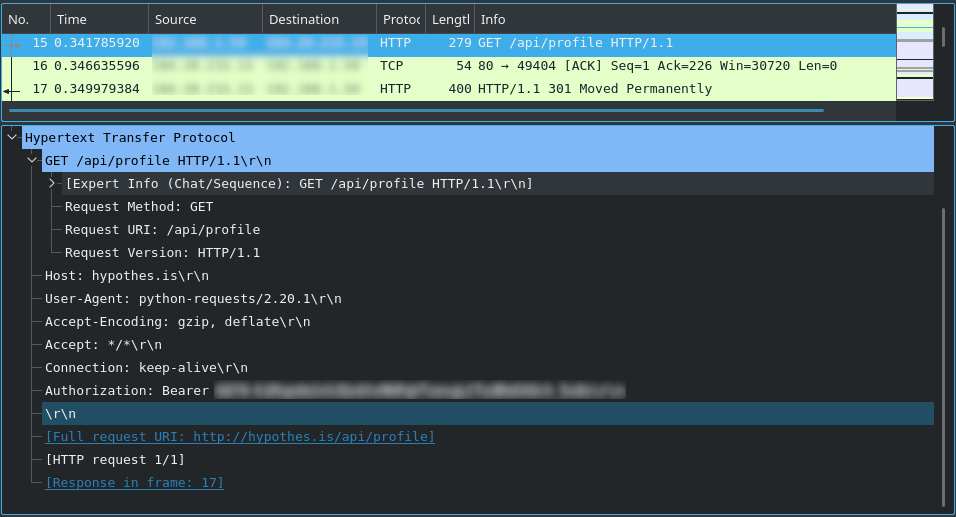 An HTTP request captured in Wireshark showing my developer API key