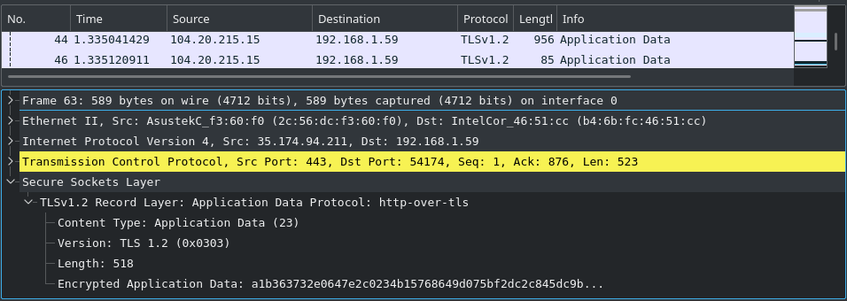 An HTTPS packet in Wireshark, with the packet data encrypted