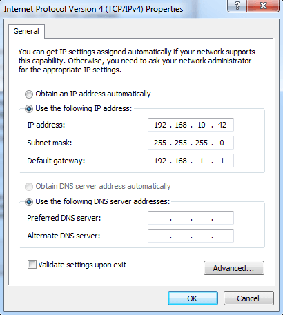 Network connection properties window