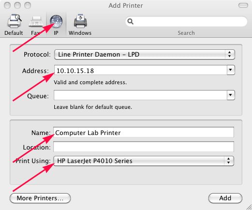 Add Printer dialog asking for an IP address