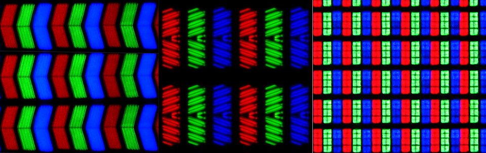 Close-up of LCD/LED pixels from various displays