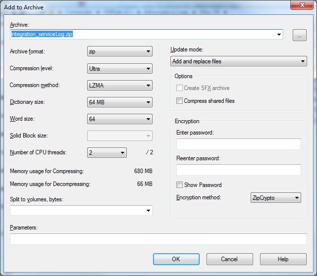 7zip archive settings, showing options for compression level, compression method, and dictionary size