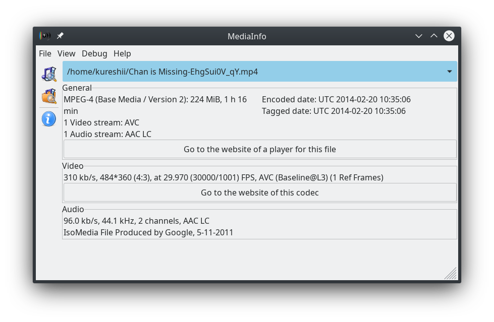 MediaInfo screenshot showing container, video stream, and audio stream information