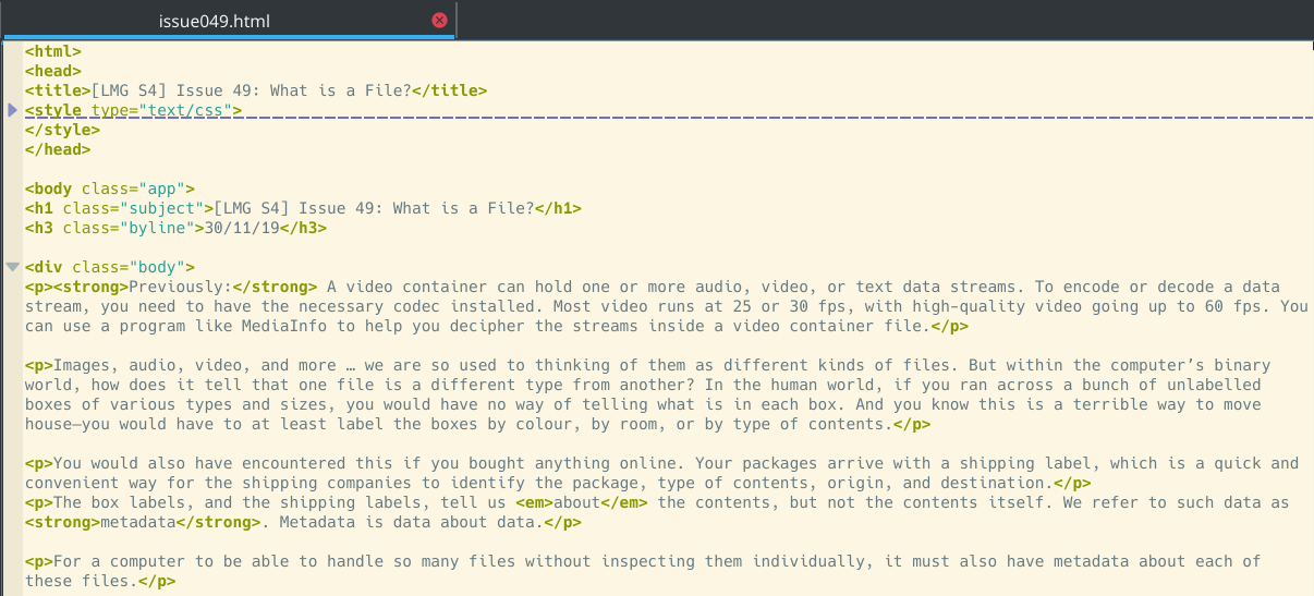Snippet of HTML from Issue 49