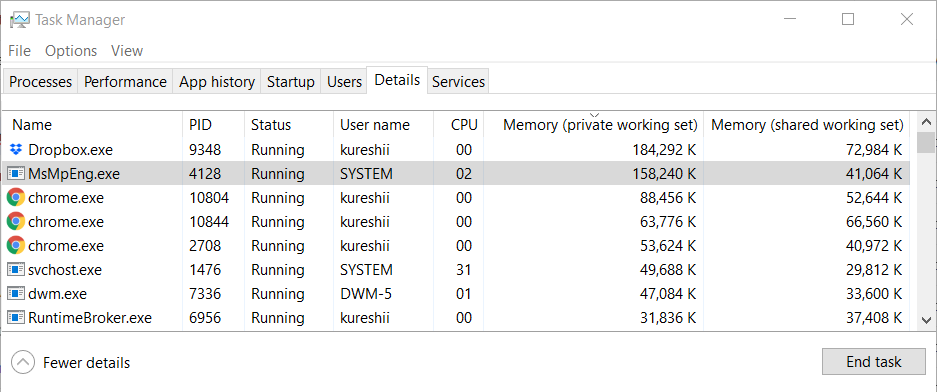 Screenshot of task manager in Windows 10, showing shared memory usage