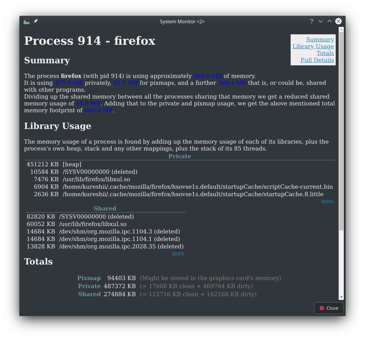 Screenshot of detailed memory usage in Firefox on KDE