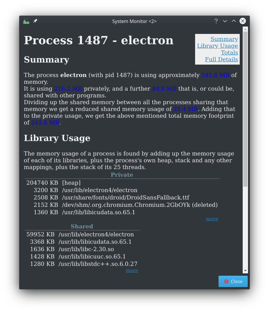 Screenshot of detailed memory usage for electron on KDE