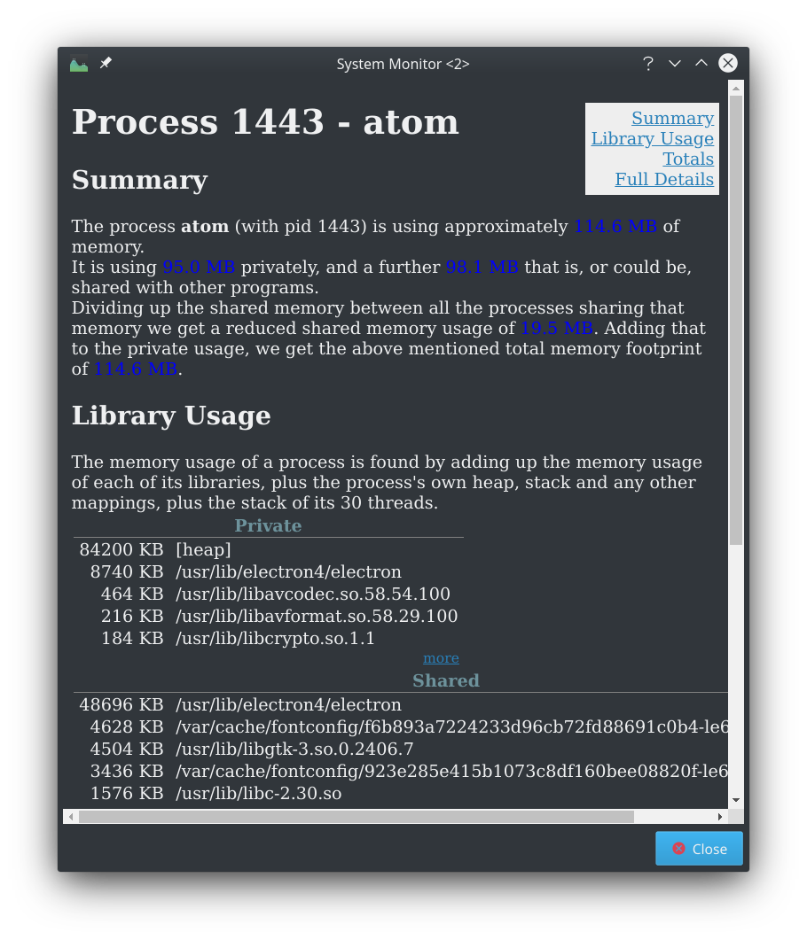 Screenshot of detailed memory usage for atom on KDE