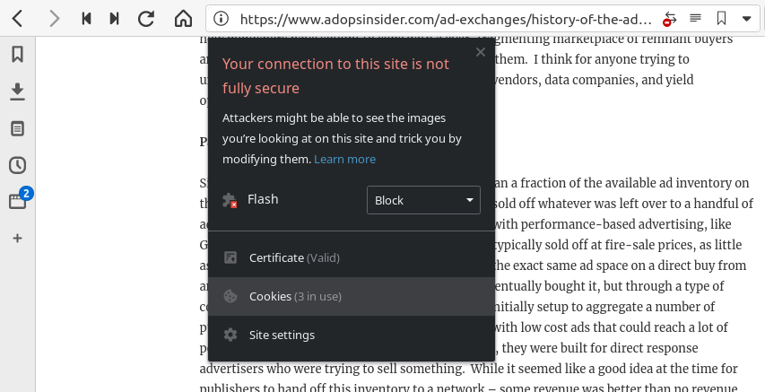 Screenshot of website info popup in Vivaldi browser
