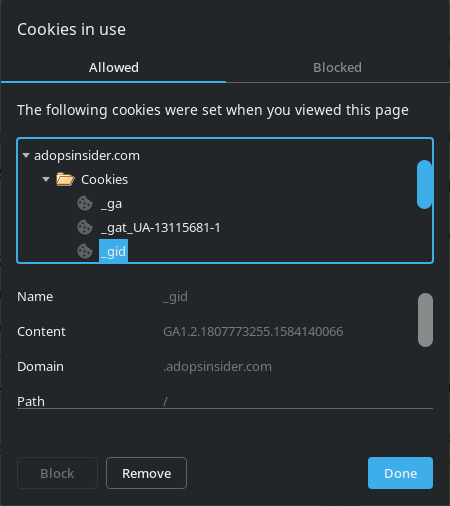 Screenshot of cookies in use popup in Vivaldi browser