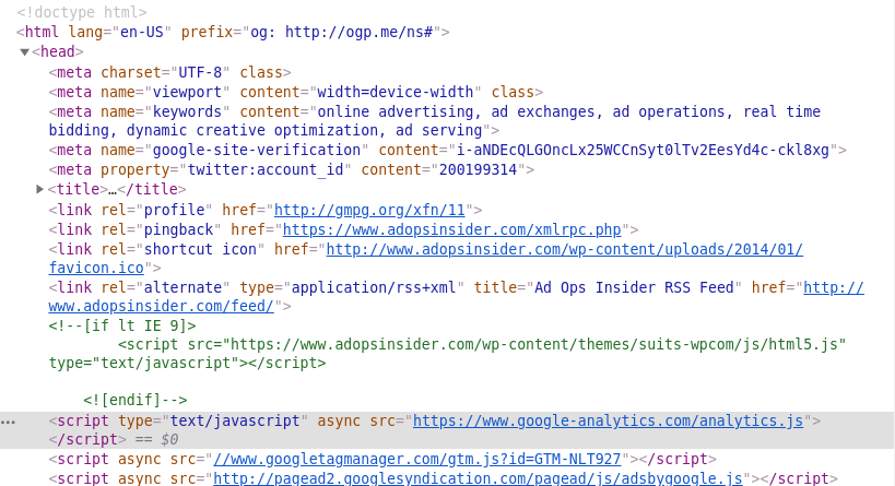 Screenshot of website source in Vivaldi browser. The script line that loads analytics.js is highlighted