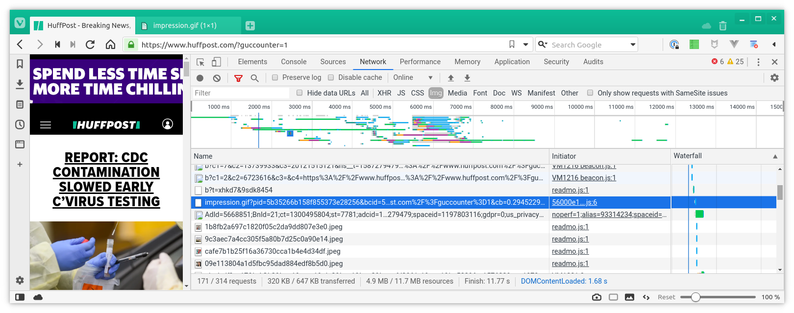 Screenshot of DevTools in Vivaldi browser, filtered to show only image loads.