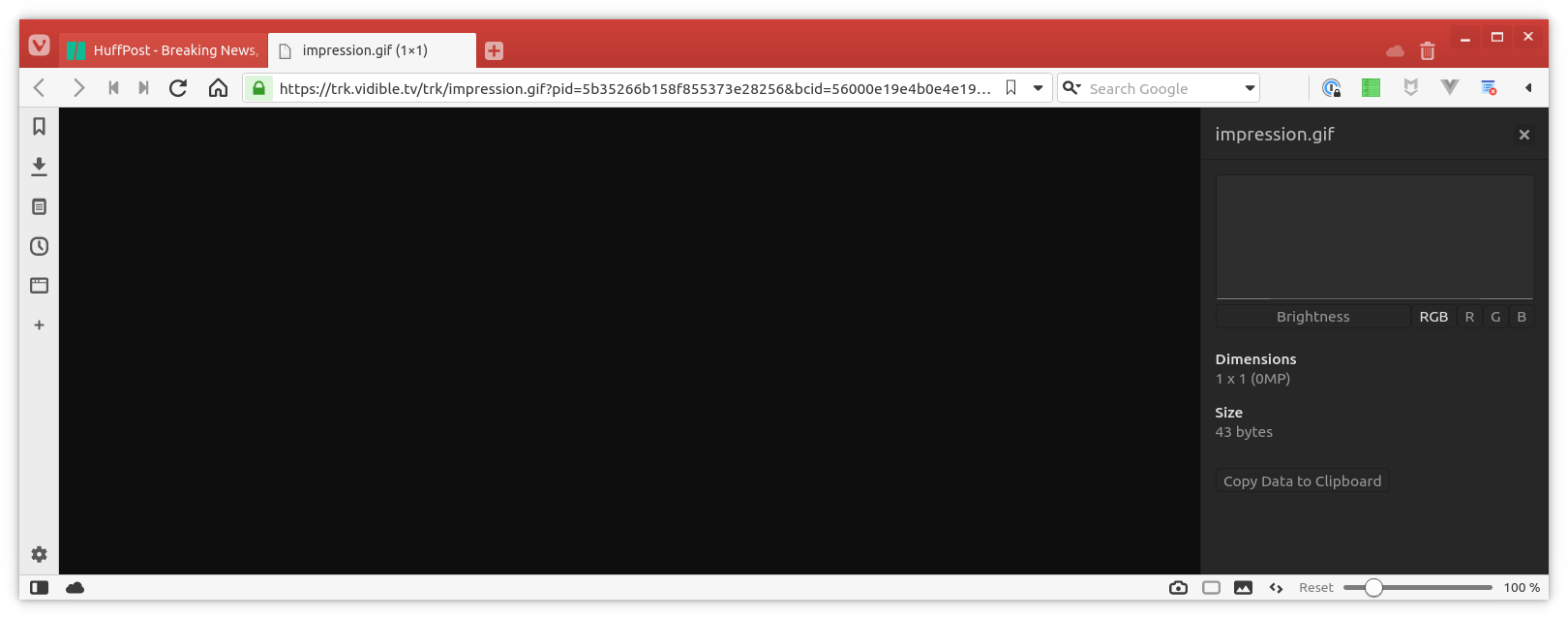 Vivaldi browser tab showing a tracking pixel.