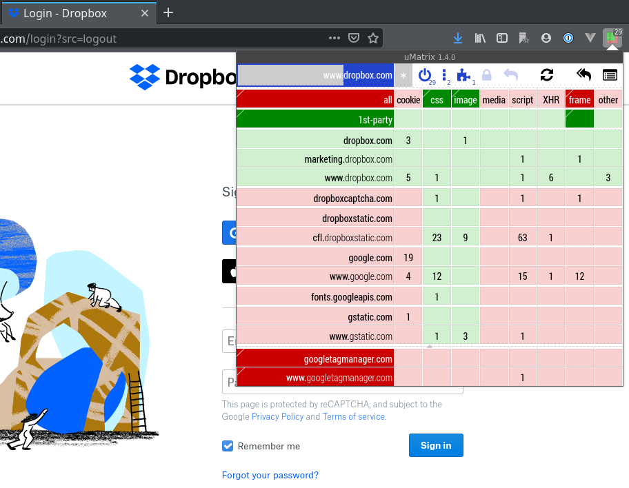 Screenshot of uMatrix in Firefox browser, showing default settings.