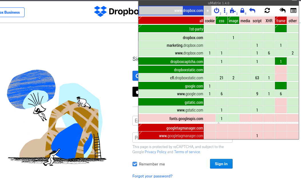 Screenshot of uMatrix in Firefox browser, showing some domains whitelisted.