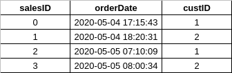 Screenshot of a Sales data table, with salesID, orderDate, and custID columns.