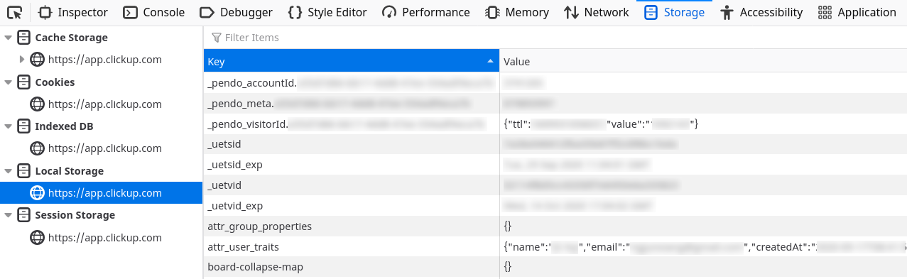 Firefox DevTools, showing the Storage tab. Local Storage is selected, displaying a list of keys and values.