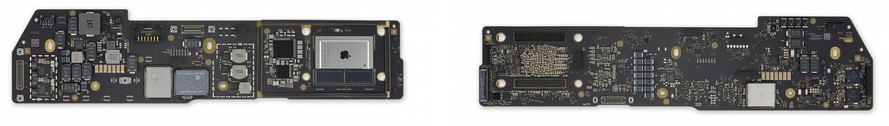 2020 M1 Macbook Air mainboard, front (left) vs back (right)