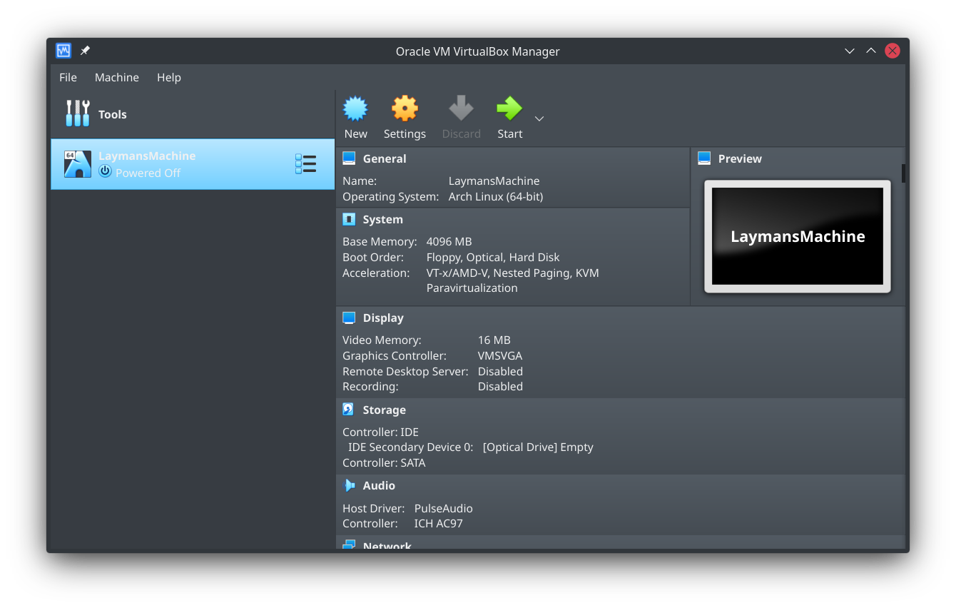 Virtualbox main interface, with one virtual machine