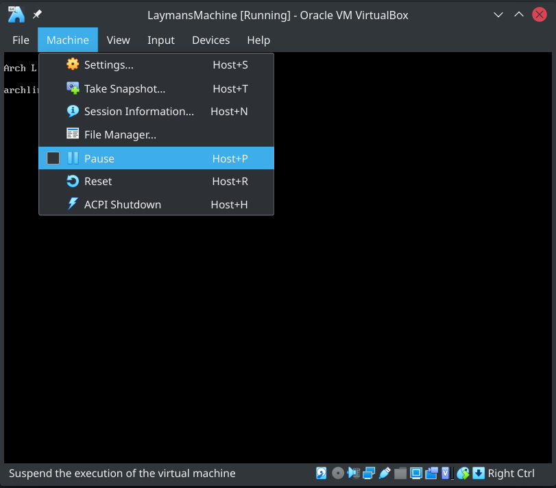 Virtualbox Machine menu