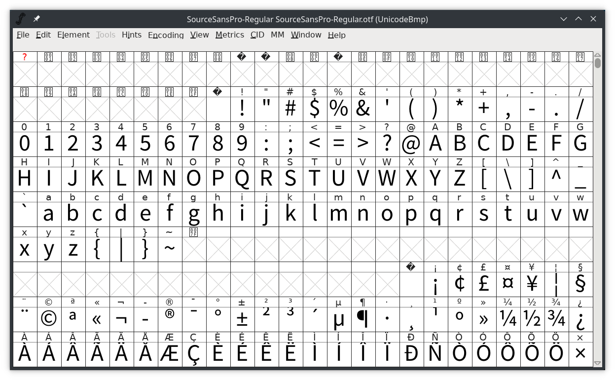Fontforge with Source Sans Pro Regular open, showing glyphs