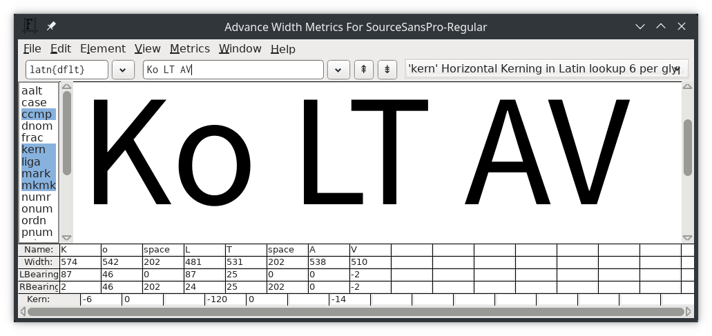 Kerning for some common glyph pairs in Source Sans Pro Regular