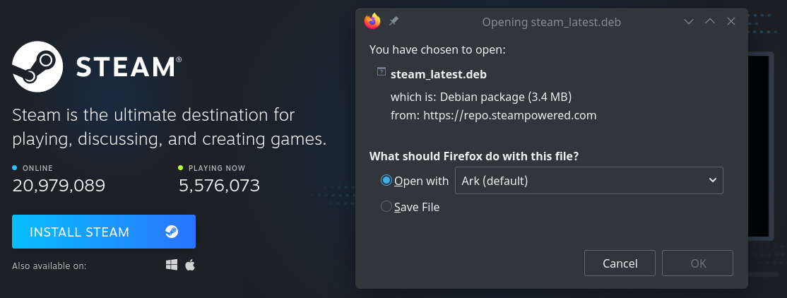 Steam website showing Install Steam button for Linux. A popup asks what should Firefox do with the file, steam_latest.deb