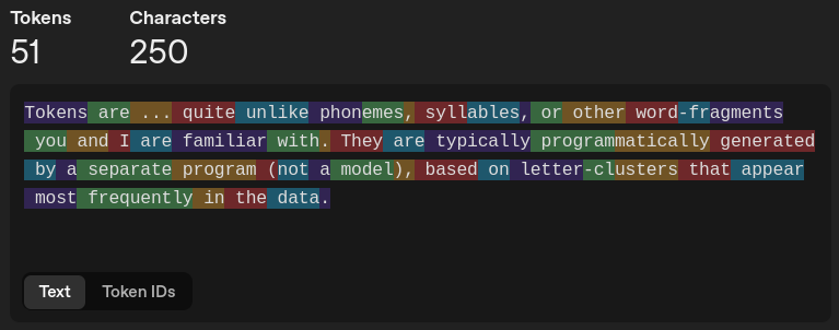 OpenAI Tokenizer tool - text view